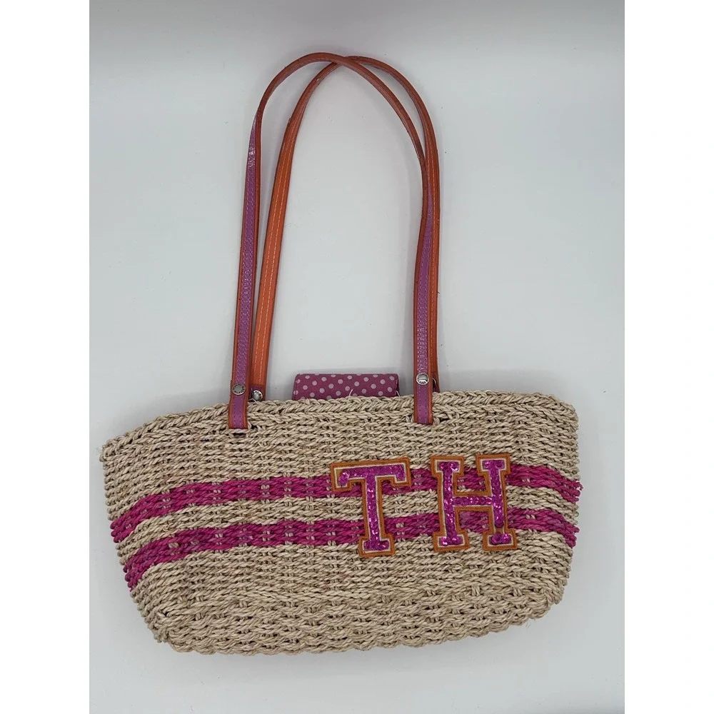 Tommy Hilfiger Straw Raffia Tote Bag TH Monogram Beach Resort Shoulder Bag Y2K
